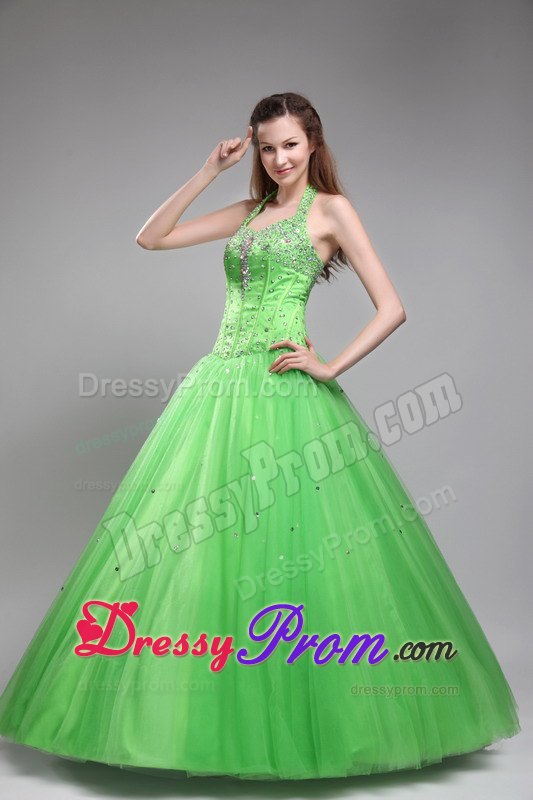 Halter Top Green Ball Gown Beading Quinceanera Dress