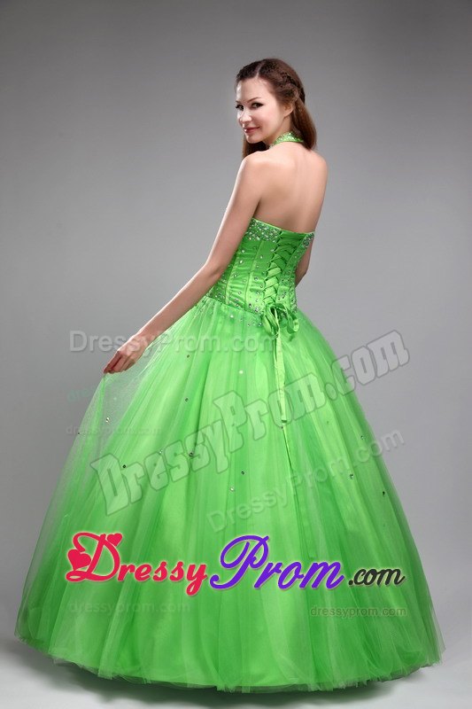 Halter Top Green Ball Gown Beading Quinceanera Dress