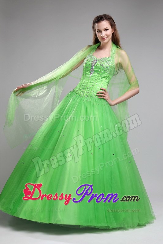 Halter Top Green Ball Gown Beading Quinceanera Dress