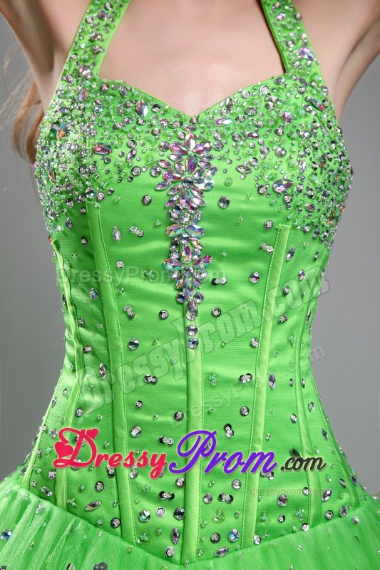 Halter Top Green Ball Gown Beading Quinceanera Dress