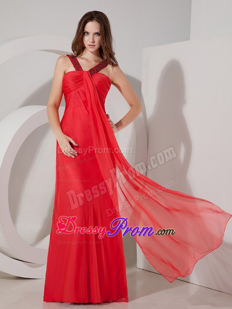 Red Beading V-neck Prom Dress with Beading and Draping Fabric