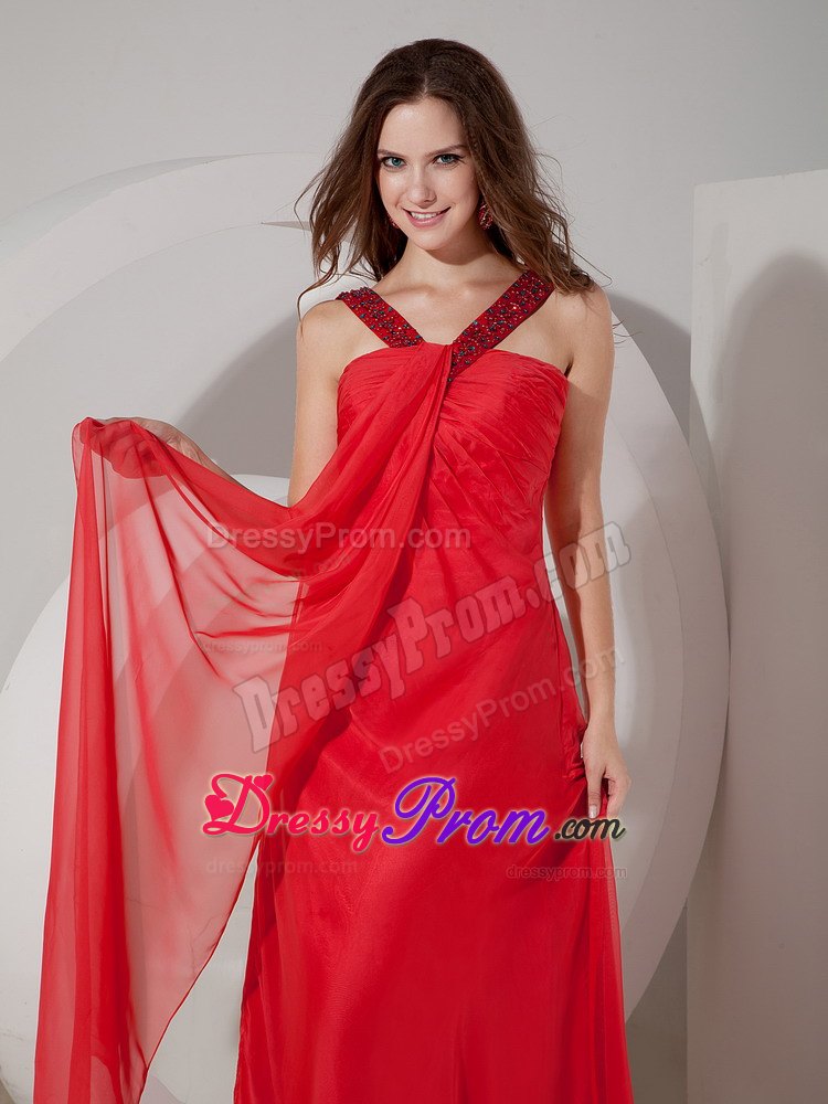 Red Beading V-neck Prom Dress with Beading and Draping Fabric