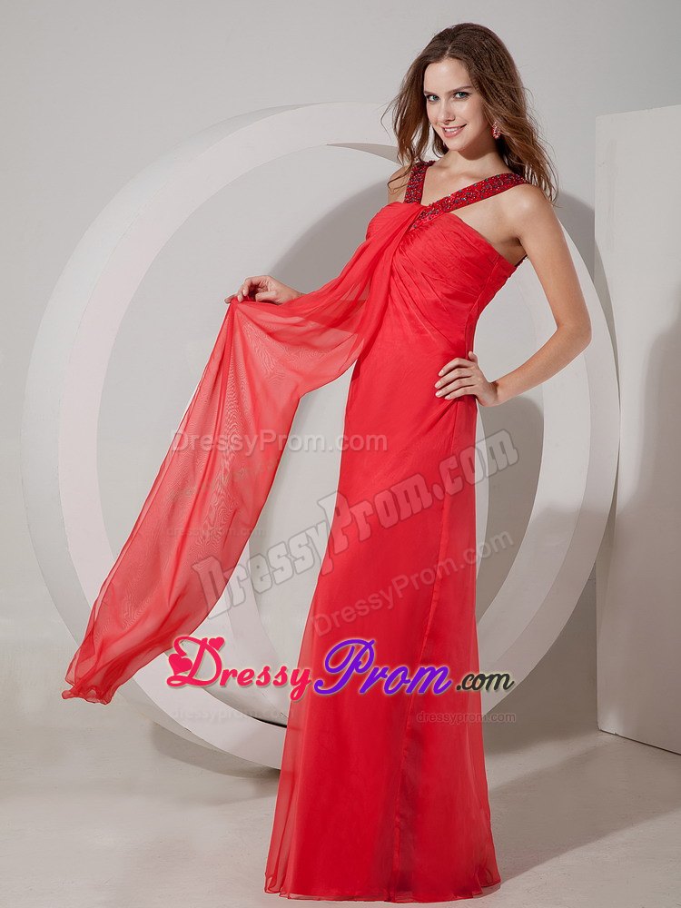 Red Beading V-neck Prom Dress with Beading and Draping Fabric