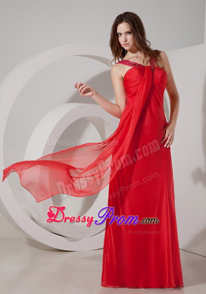 Red Beading V-neck Prom Dress with Beading and Draping Fabric