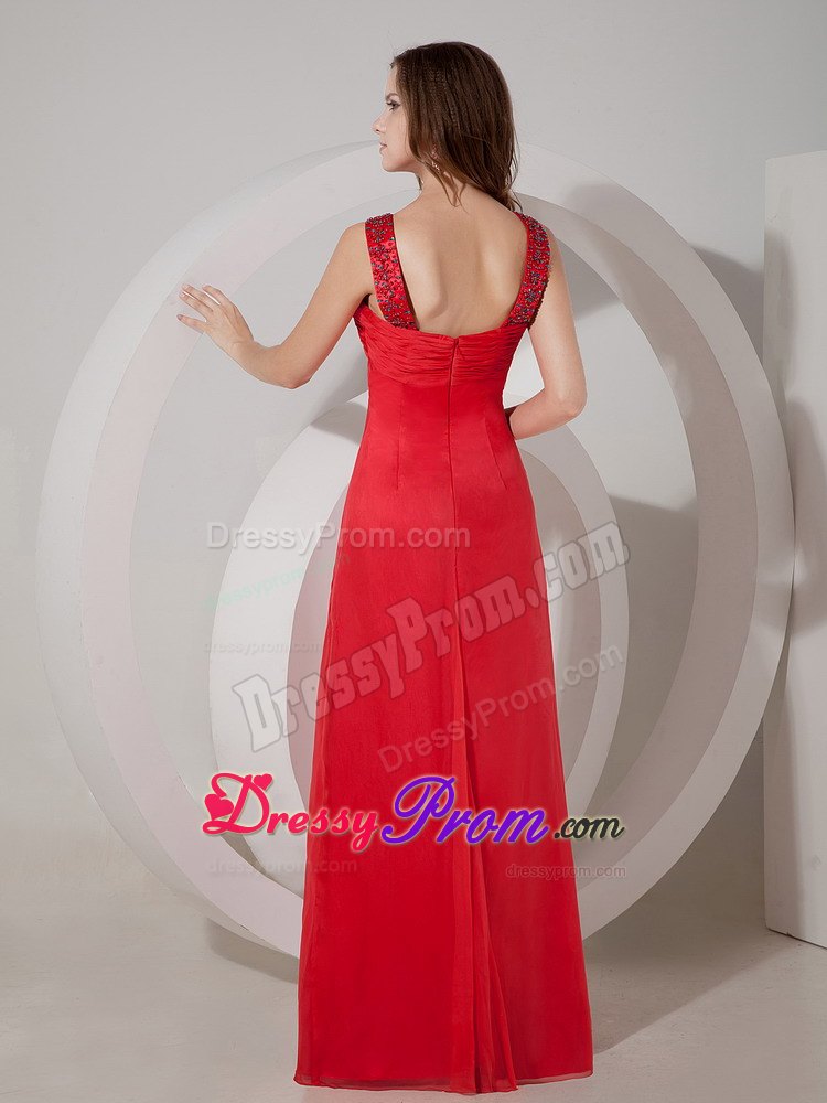 Red Beading V-neck Prom Dress with Beading and Draping Fabric