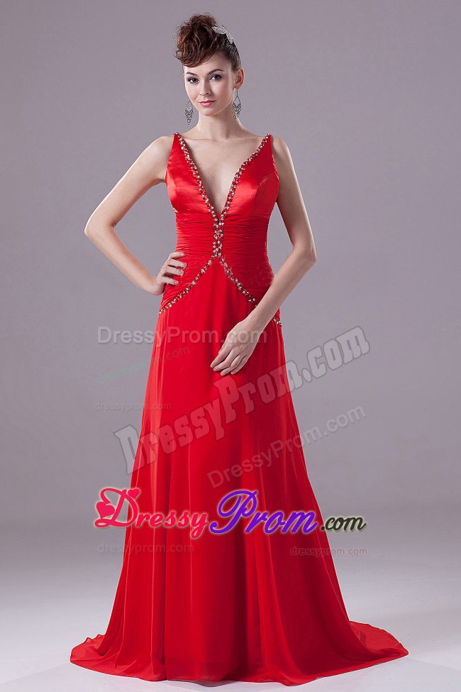 Red Beading V-neck Prom Dress with Ruching Throughout Waist