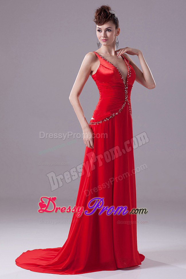 Red Beading V-neck Prom Dress with Ruching Throughout Waist