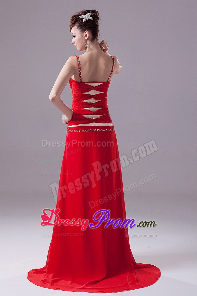 Red Beading V-neck Prom Dress with Ruching Throughout Waist