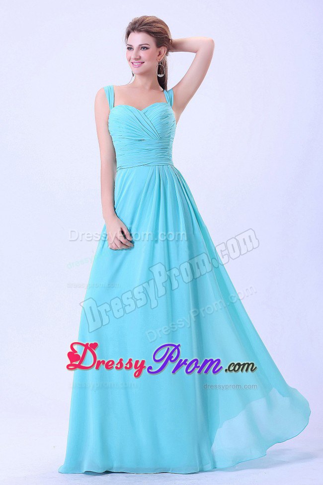 Straps Ruches Floor Length Dresses for Prom Queen in Aqua Blue