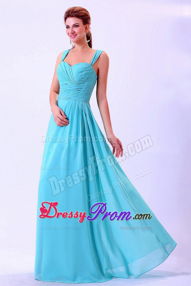 Straps Ruches Floor Length Dresses for Prom Queen in Aqua Blue