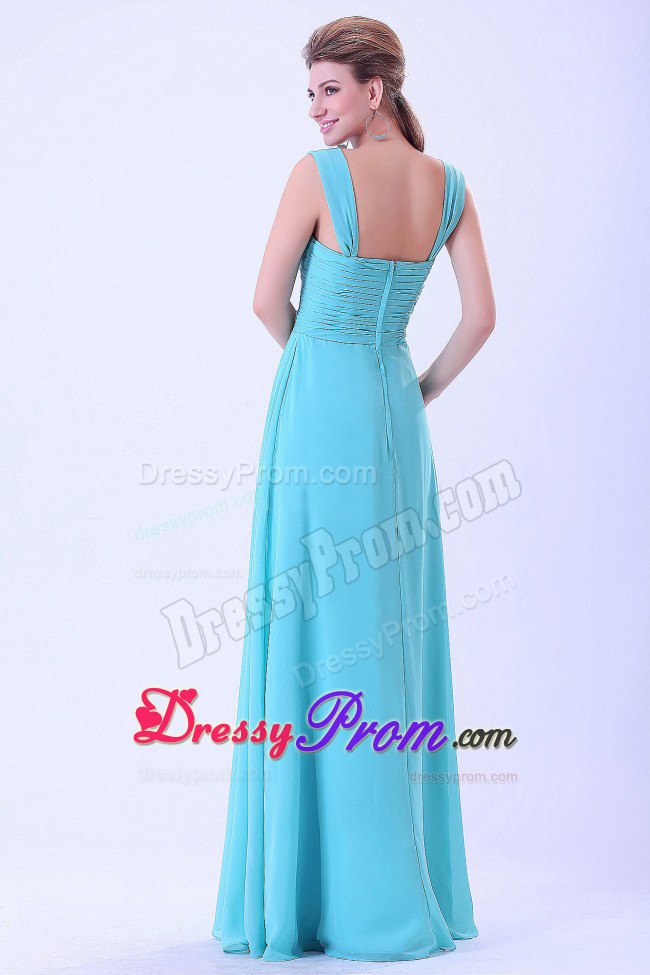 Straps Ruches Floor Length Dresses for Prom Queen in Aqua Blue