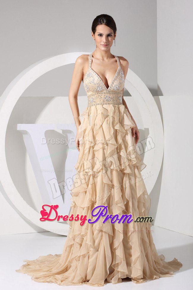 Beaded and Ruffled Champagne Dress for Prom Queen with Criss Cross