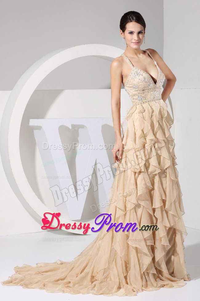 Beaded and Ruffled Champagne Dress for Prom Queen with Criss Cross