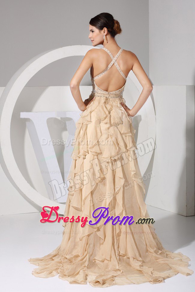 Beaded and Ruffled Champagne Dress for Prom Queen with Criss Cross
