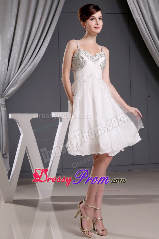 Spaghetti Straps White Organza Dress for Prom Queen with Beading