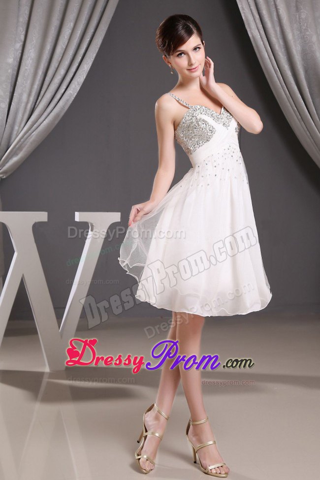 Spaghetti Straps White Organza Dress for Prom Queen with Beading