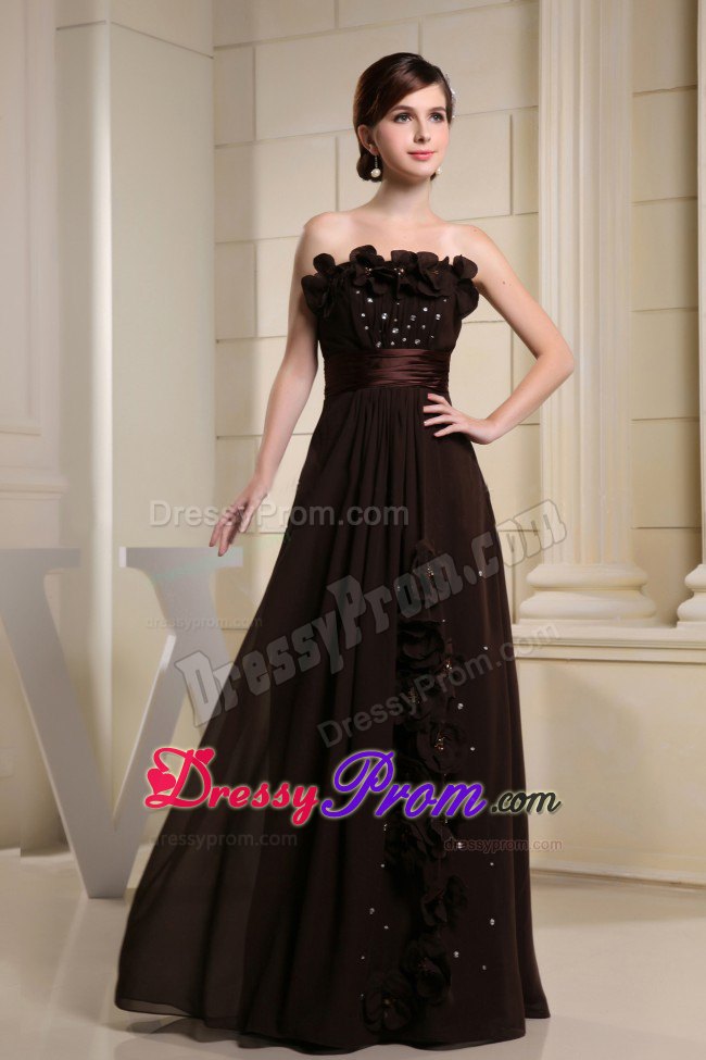 Brown Strapless Prom Dress with Hand Flowers and Ruching Sash