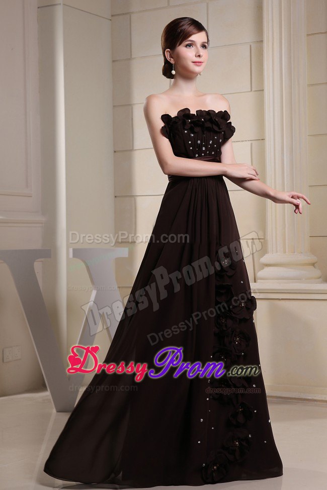 Brown Strapless Prom Dress with Hand Flowers and Ruching Sash