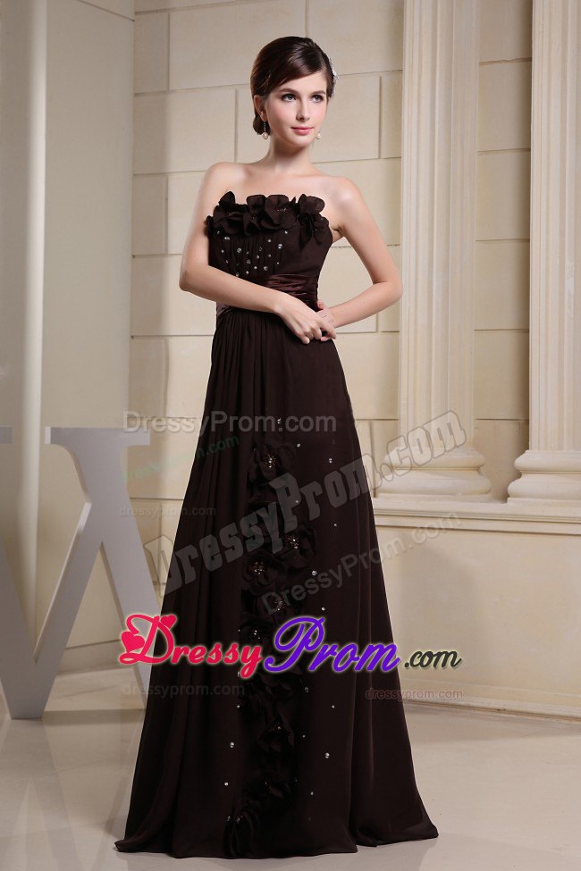 Brown Strapless Prom Dress with Hand Flowers and Ruching Sash