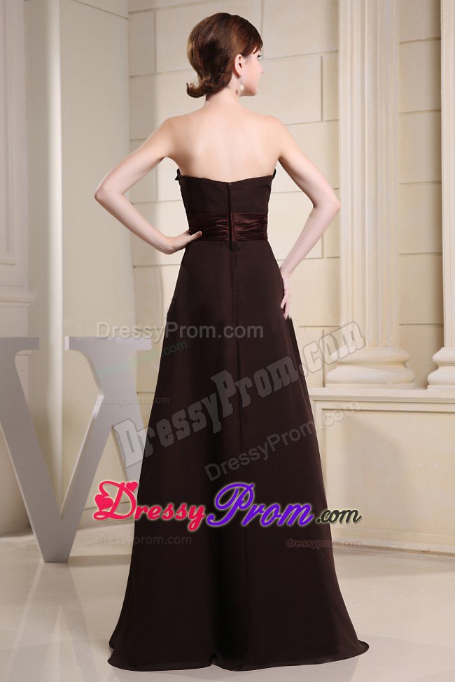 Brown Strapless Prom Dress with Hand Flowers and Ruching Sash
