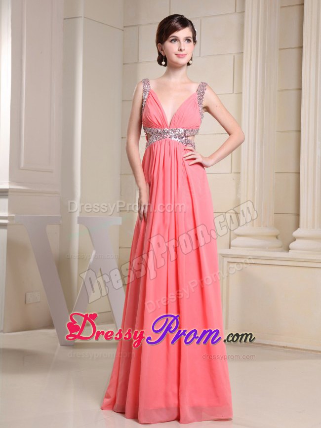 Beading V-neck and Cutout sides for Watermelon Red Prom Dress