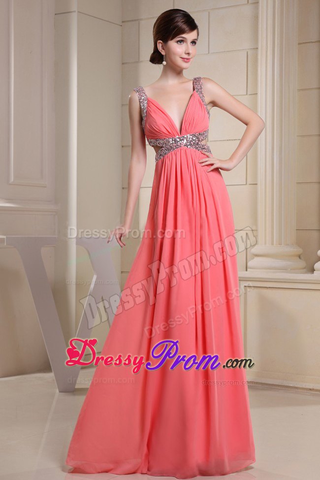 Beading V-neck and Cutout sides for Watermelon Red Prom Dress