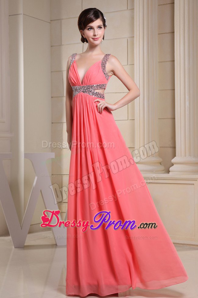 Beading V-neck and Cutout sides for Watermelon Red Prom Dress