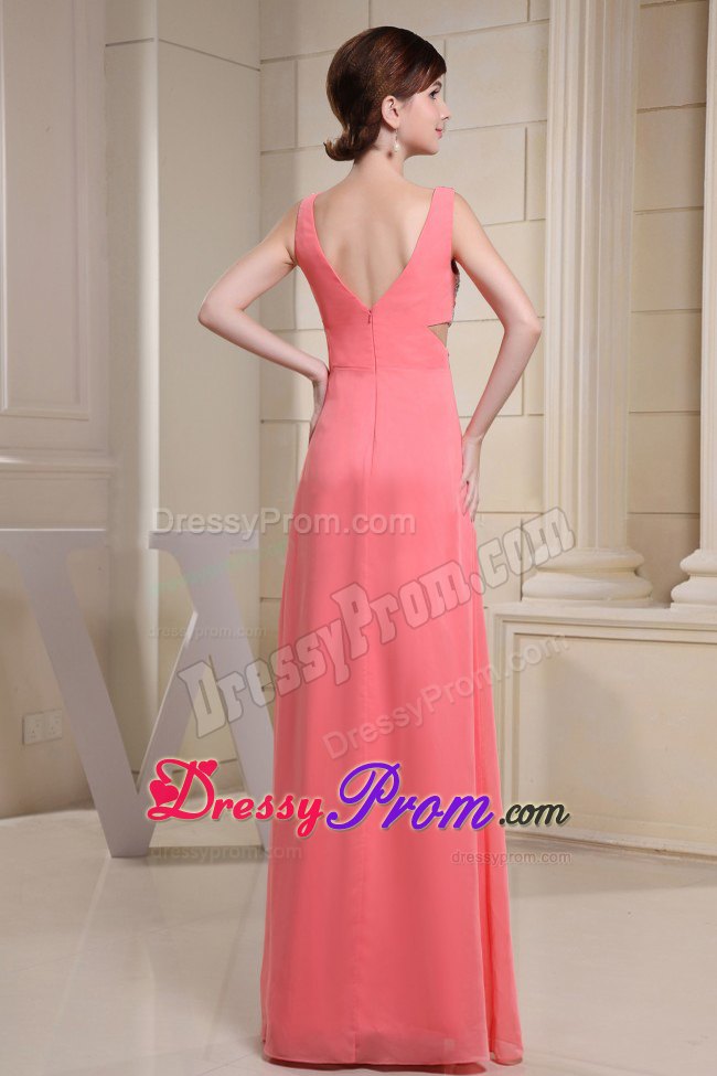 Beading V-neck and Cutout sides for Watermelon Red Prom Dress