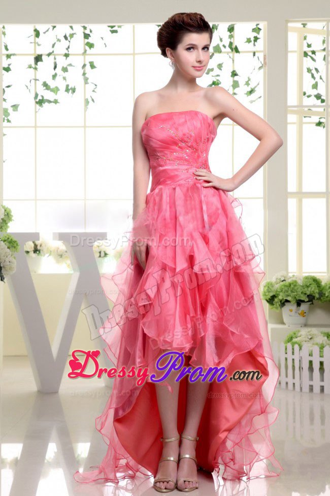 Coral Red High-low Organza Dresses for Prom Queen with Ruffles