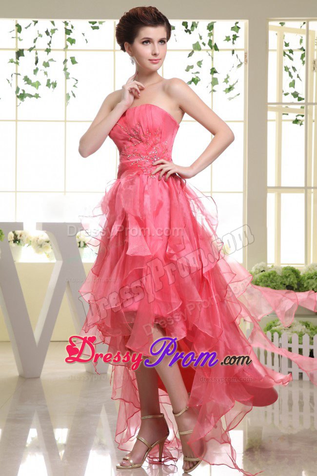 Coral Red High-low Organza Dresses for Prom Queen with Ruffles