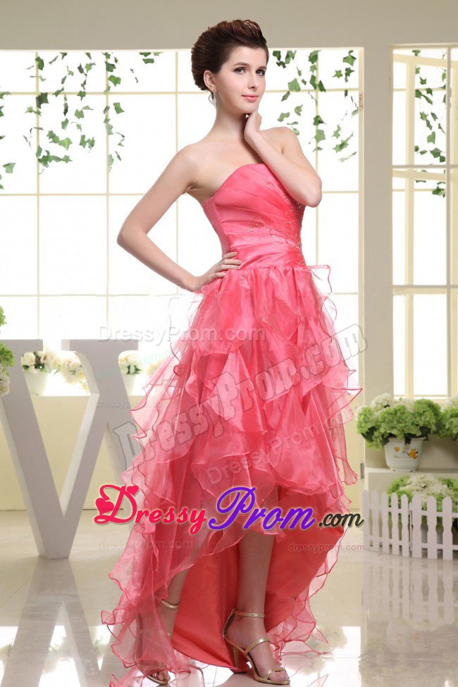 Coral Red High-low Organza Dresses for Prom Queen with Ruffles