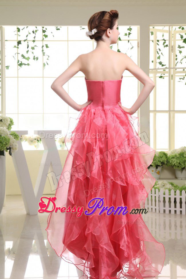 Coral Red High-low Organza Dresses for Prom Queen with Ruffles