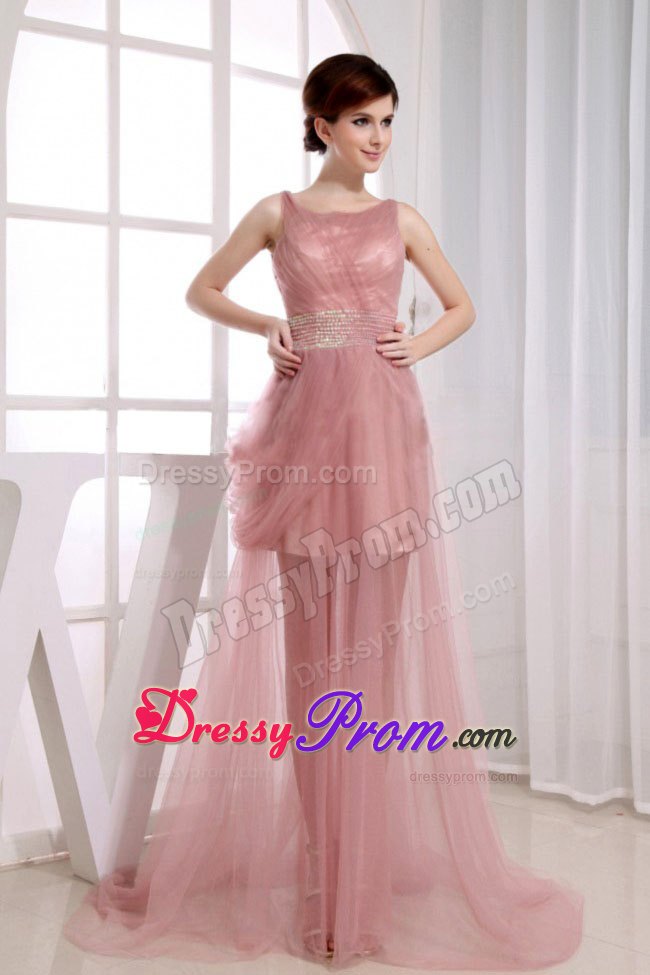 Beaded Decorated Waist Scoop Court Train Prom Dress in Pink