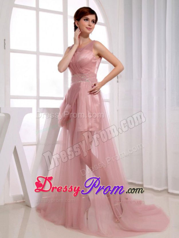 Beaded Decorated Waist Scoop Court Train Prom Dress in Pink