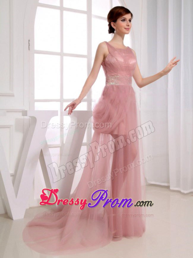 Beaded Decorated Waist Scoop Court Train Prom Dress in Pink
