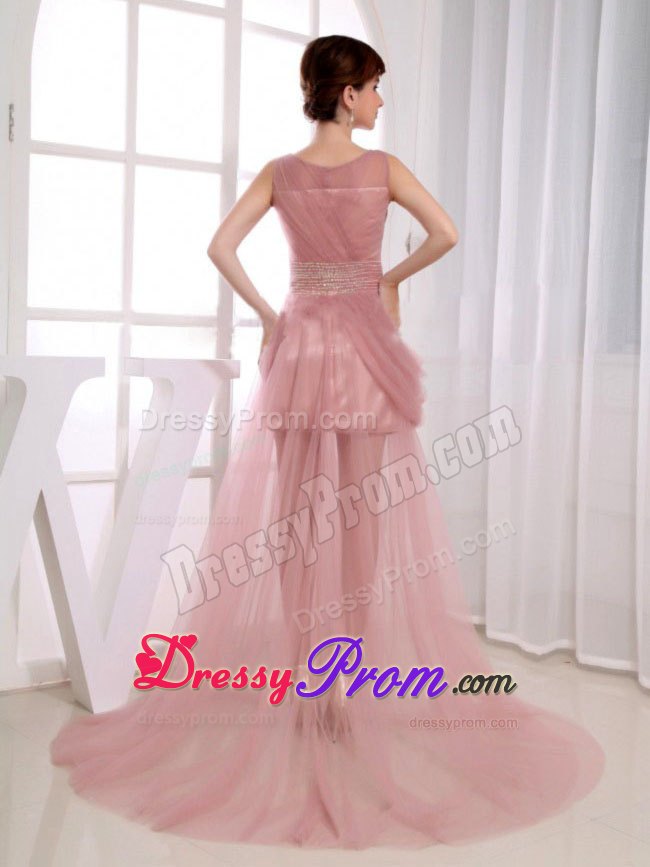 Beaded Decorated Waist Scoop Court Train Prom Dress in Pink
