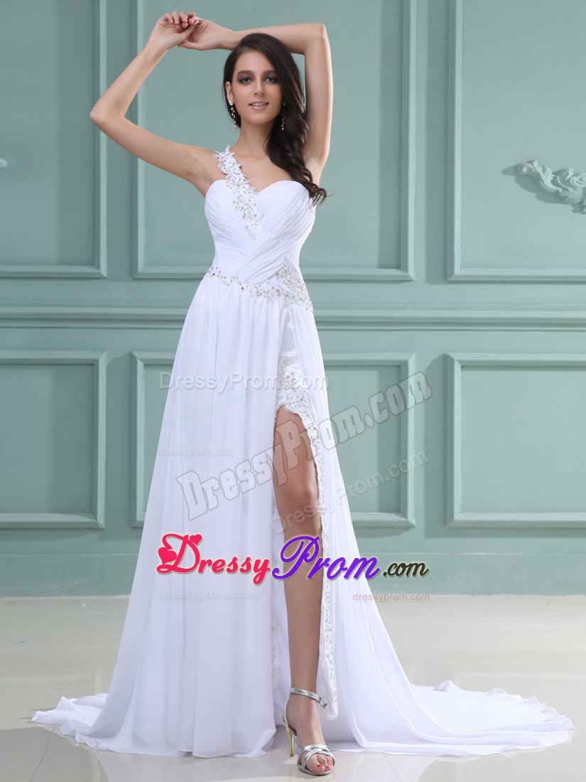 Appliqued One Shoulder White Dress for Prom Queen with High Slit