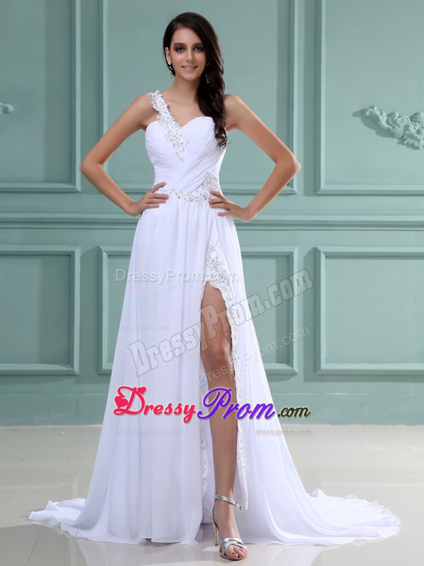 Appliqued One Shoulder White Dress for Prom Queen with High Slit