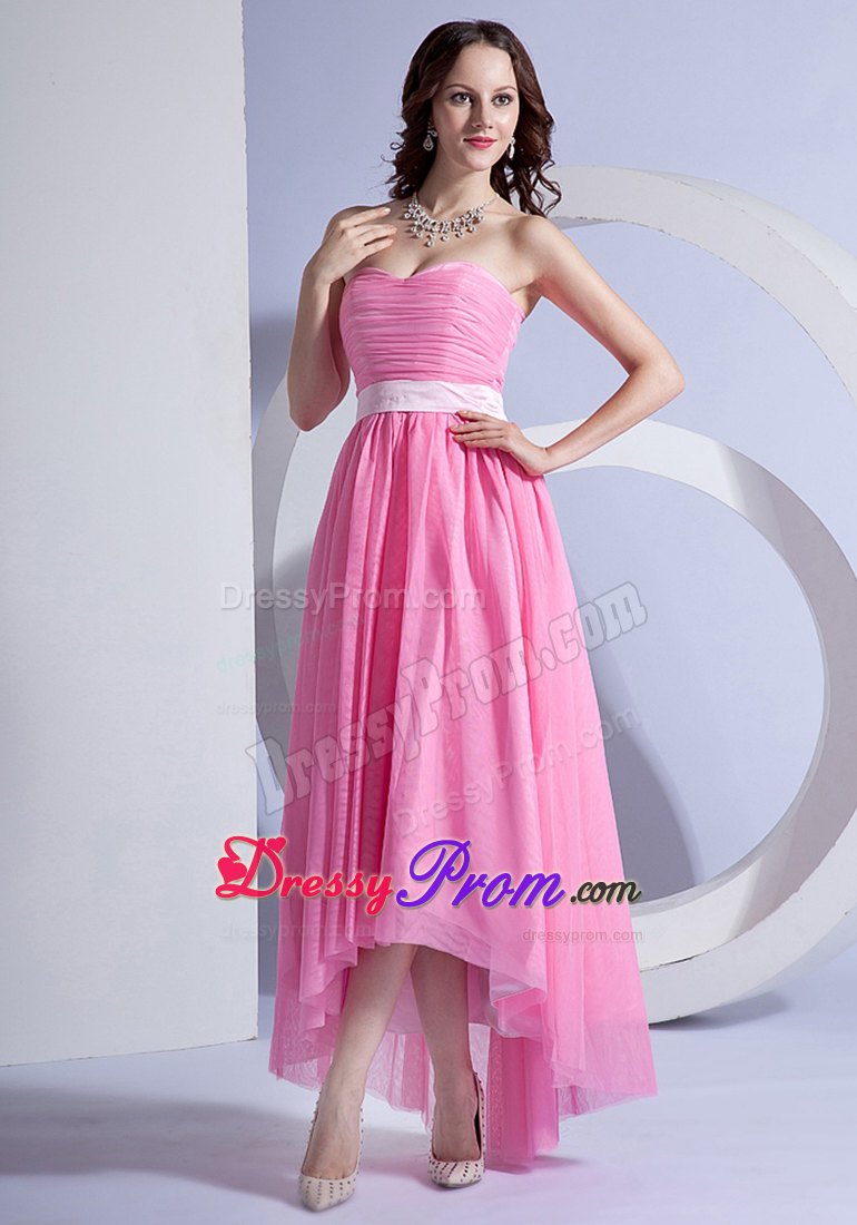 Rose Pink High-low Chiffon Dresses for Prom Queen with Sashes