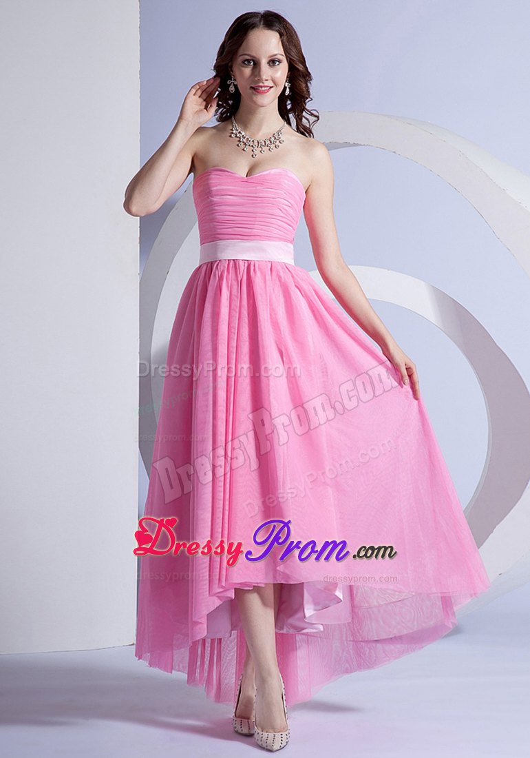 Rose Pink High-low Chiffon Dresses for Prom Queen with Sashes