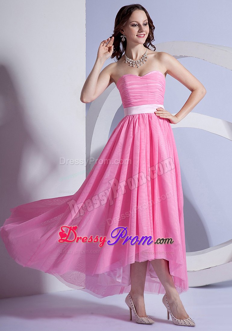 Rose Pink High-low Chiffon Dresses for Prom Queen with Sashes