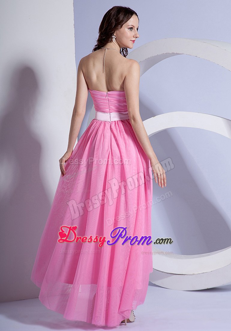 Rose Pink High-low Chiffon Dresses for Prom Queen with Sashes