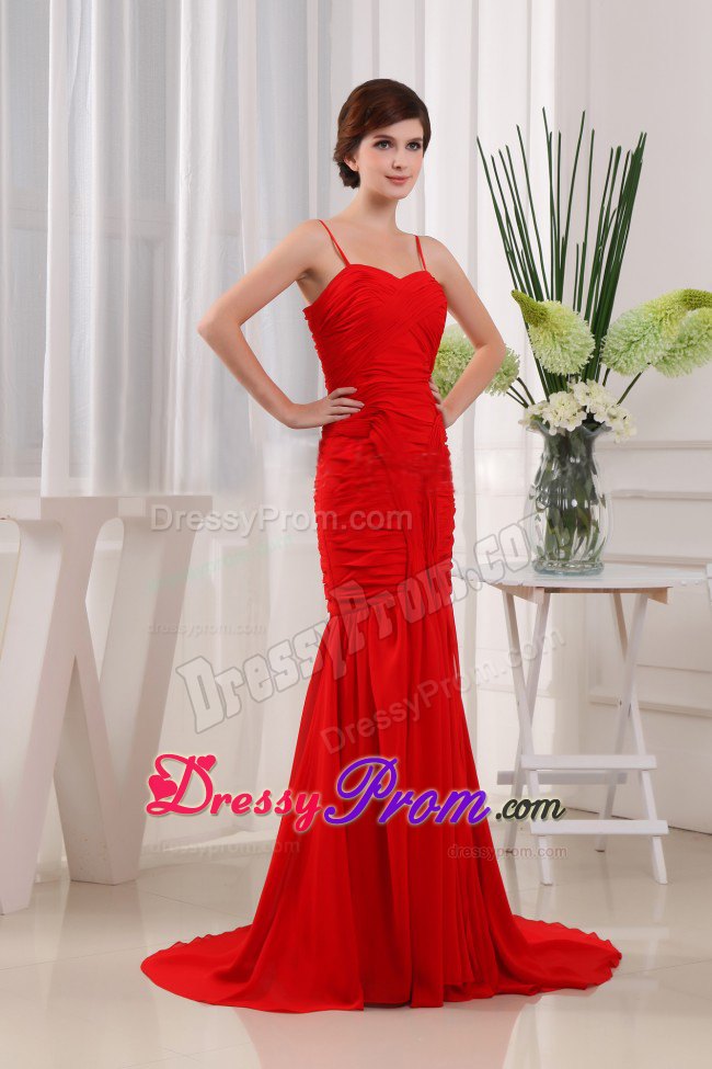 Ruched Red Brush Dresses for Prom Queen with Spaghetti Straps