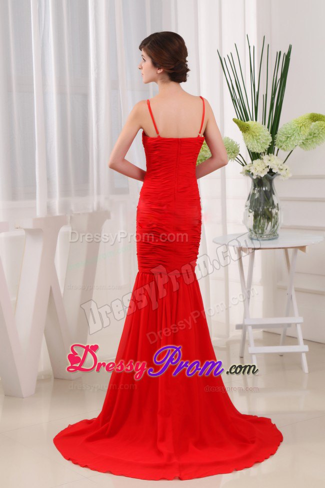 Ruched Red Brush Dresses for Prom Queen with Spaghetti Straps
