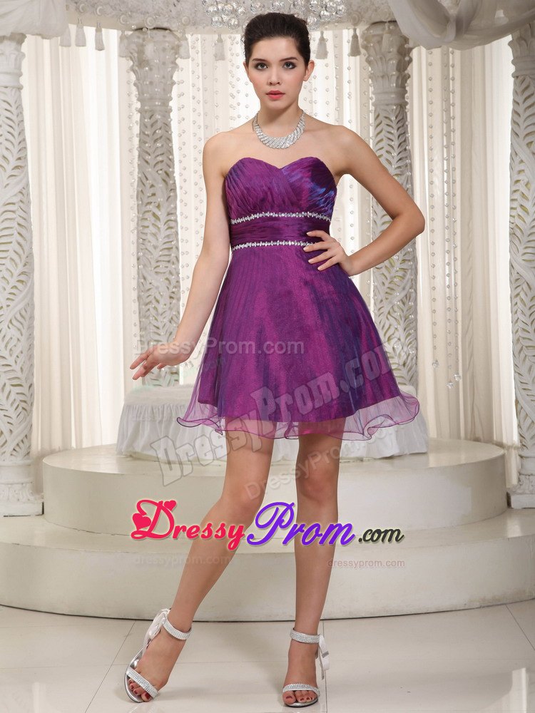 A-line Sweetheart Beading Mini Purple Prom Attire to Made in Organza