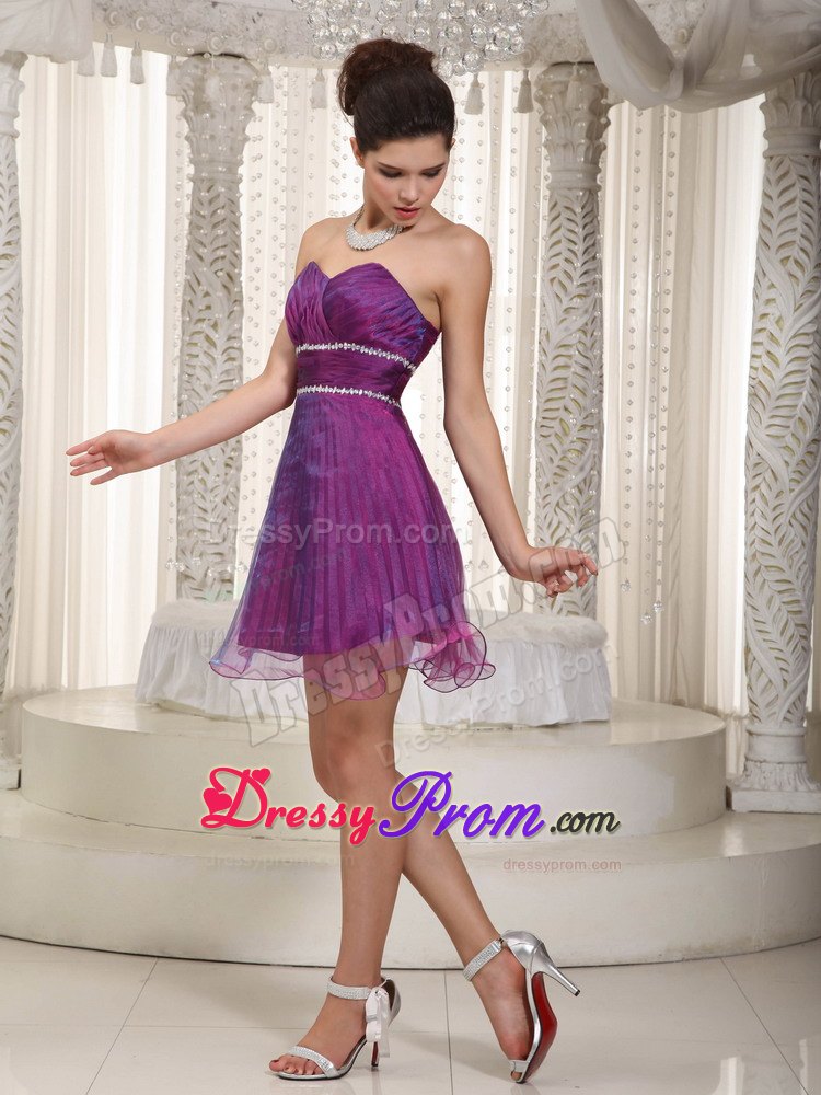 A-line Sweetheart Beading Mini Purple Prom Attire to Made in Organza