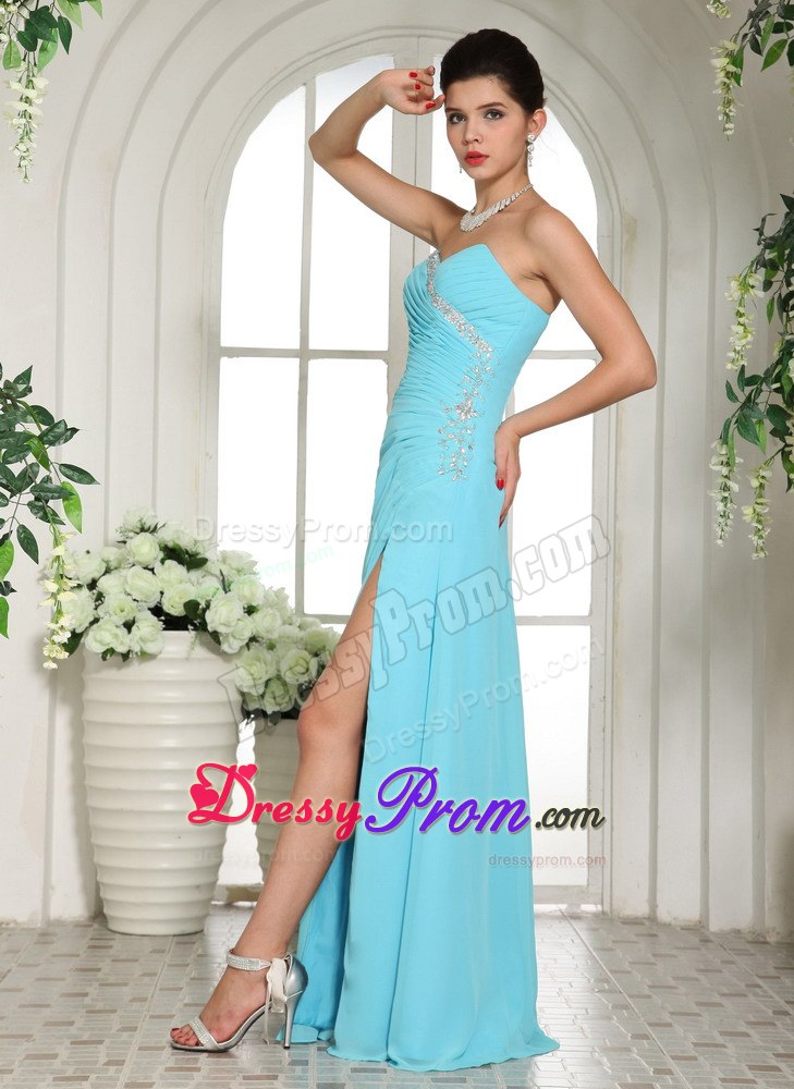 Aqua Blue High Slit Beaded Ruching Prom Dress for Formal Evening