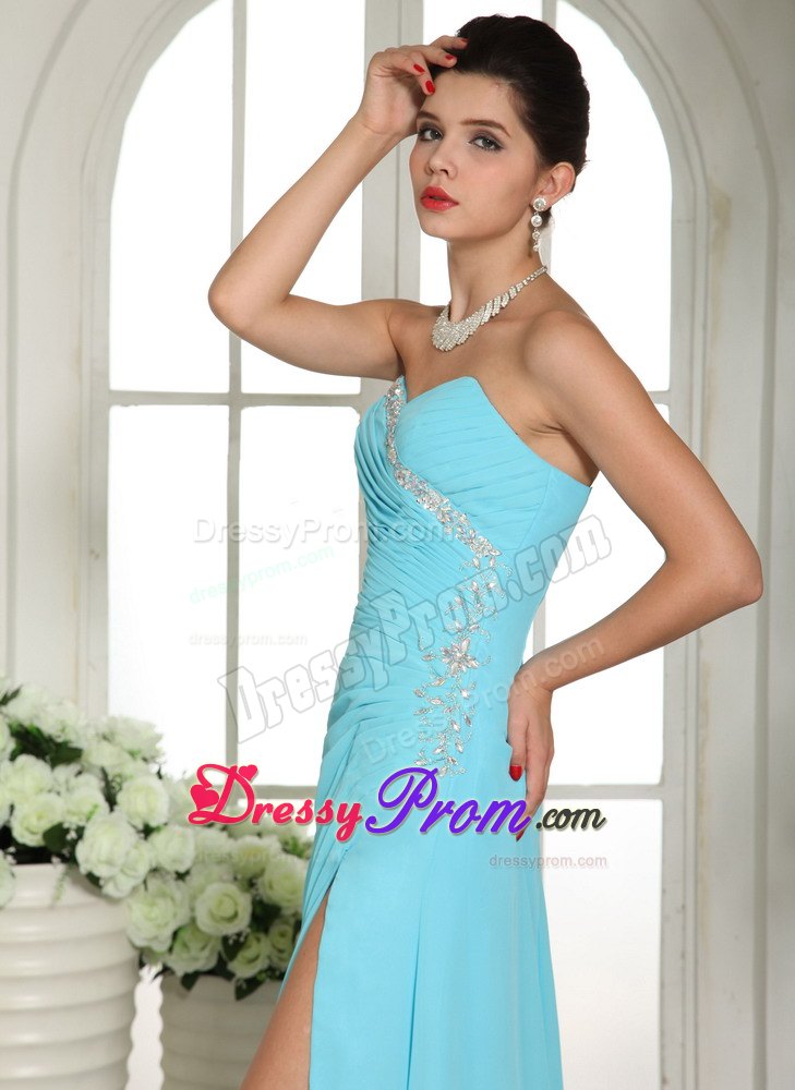 Aqua Blue High Slit Beaded Ruching Prom Dress for Formal Evening