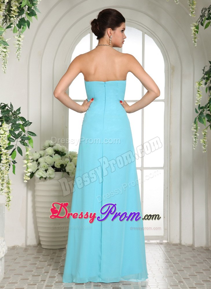 Aqua Blue High Slit Beaded Ruching Prom Dress for Formal Evening