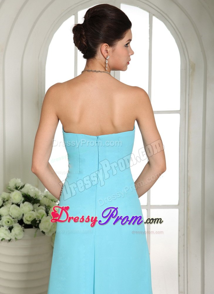 Aqua Blue High Slit Beaded Ruching Prom Dress for Formal Evening
